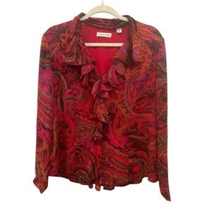 Coldwater Creek Vibrant Paisley Ruffle V Neck Blouse Boho Top Sz L Petite